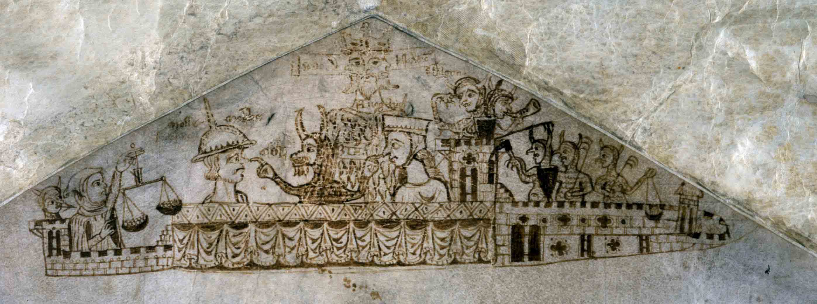 A receipt roll for the heavy taxation (tallage) of Issac fil Jurnet in Norwich, 1233. Isaac is drawn as a three-faced devil at the top of the image. Another devil, named as Colbif touches Mosse Mokke, Isaac's debt collector (in his identifying spiked hat), and Mosse's wife Avegaye. All the Jews in the image were accused of charging excessive interest on loans. Mosse Mokke was executed for coin-clipping in 1240. E 401/1565, 1233.
