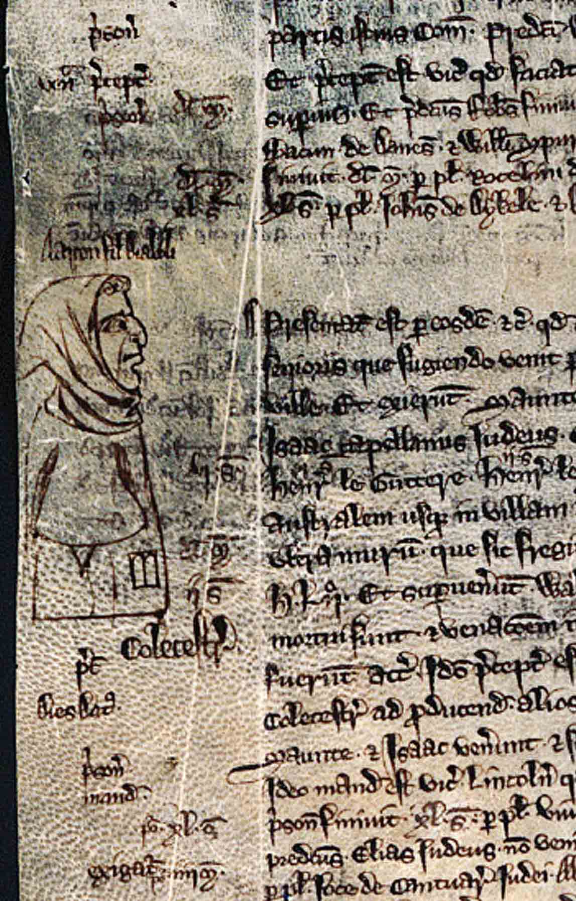 'Aaron son of the Devil' is written in Latin above a caricature of Aaron and next to record of a case involving two of his sons - who were part of a gang tried for illegal deer hunting in Colchester, Essex. The tabula badge is stitched to the front of Aaron's clothes. Pleas of the Forest, Essex, 1277. E 32/12, m. 2d.