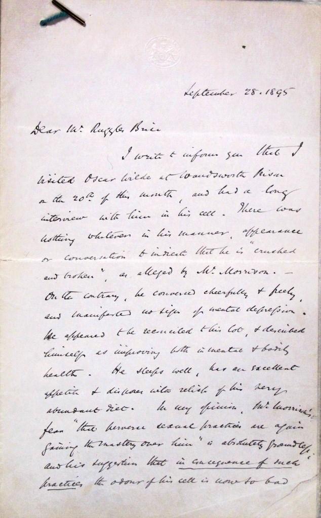 Letter about the welfare of Oscar Wilde in prison, catalogue reference: HO 144/8/432
