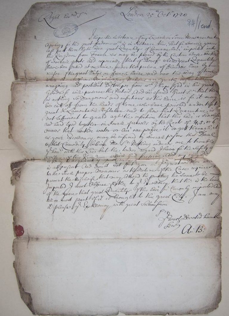 Letter signed A.B. about the import from France of Human Hair infected with the plague. Catalogue reference: PC 1/3/84