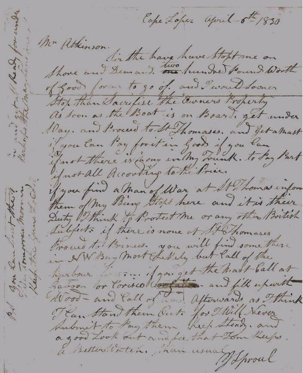 Letter from ship captain of the Julian, 1830