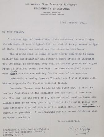 Supply of experimental penicillin, Howard Florey to Professor W C C Topley, 22nd January 1941 FD 1/6890 