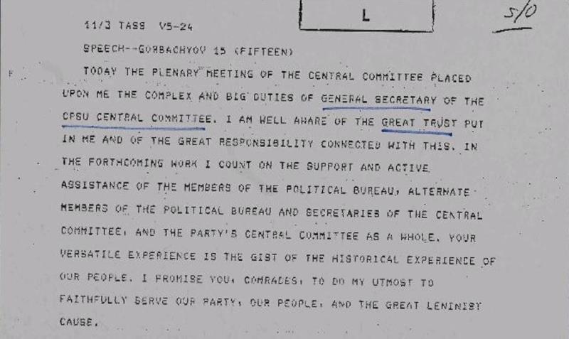 Extract from Gorbachev’s speech the plenary meeting of the CPSU central committee, 11/03/1985. Catalogue reference PREM 19/1646.