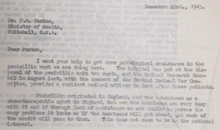 Letter from Alexander Fleming, urging the British government to fund penicllin research,  23rd December 1943 FD 1/6889