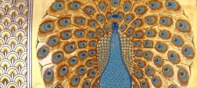 A blue and gold fabric design of a single peacock in full tail display