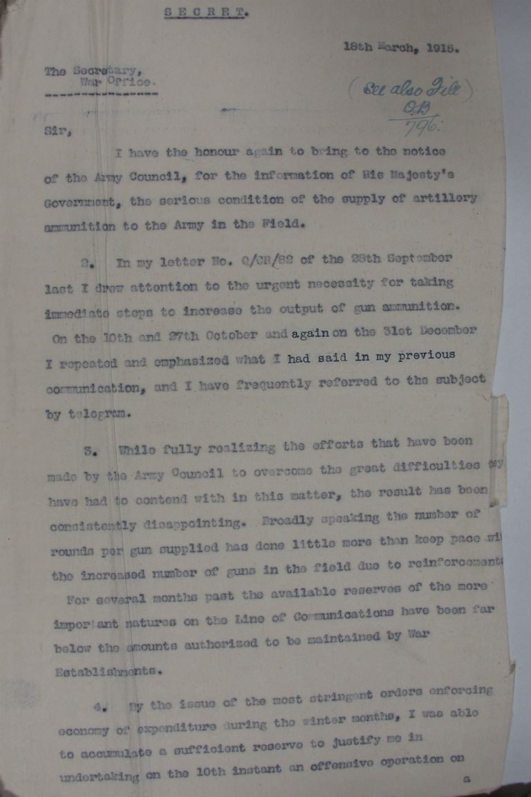 Letter from Sir John French to the War Office, 18 March 1915. Catalogue reference: WO 158/21