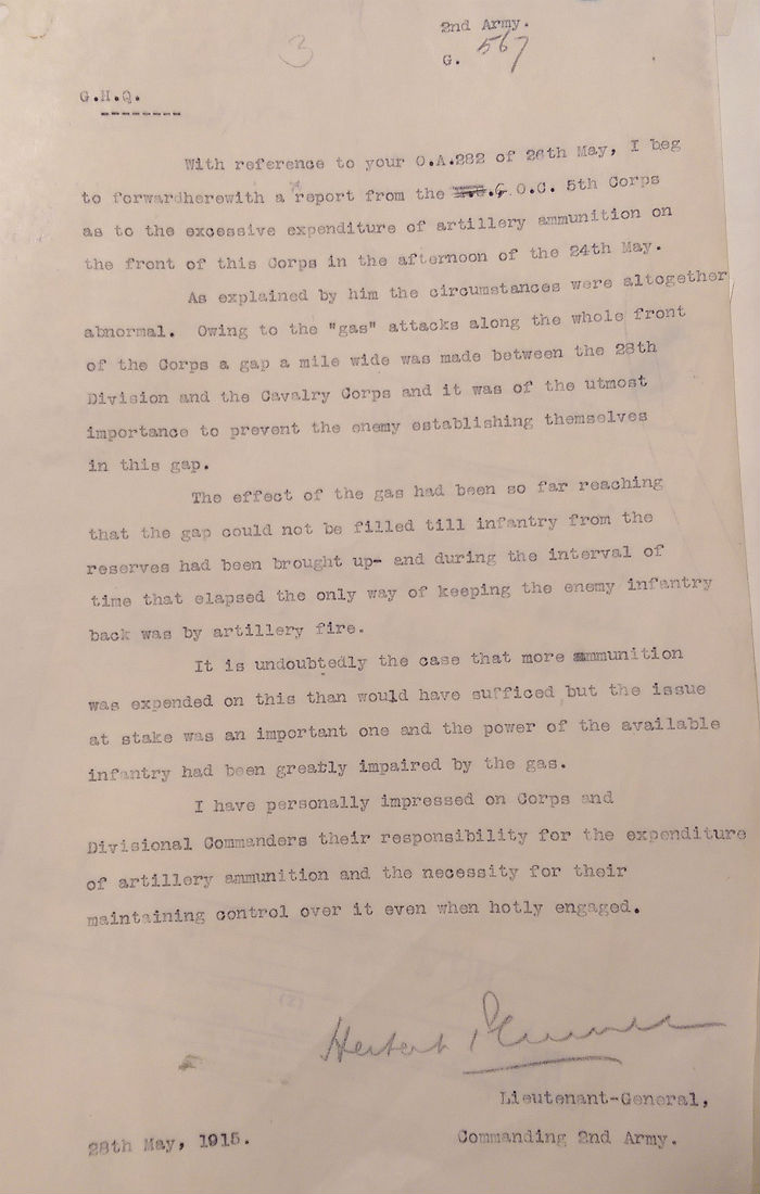 Letter from Lieutenant-General Herbert Plumer, commanding 2nd Army, to General Headquarters demonstrating how serious the ammunition situation remained in late May 1915. Catalogue reference: WO 158/280