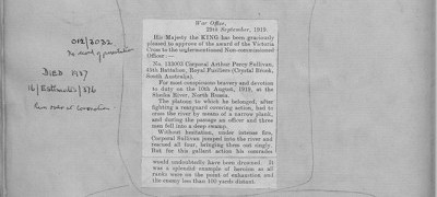The London Gazette citation for Arthur Percy Sullivan from WO 98/8