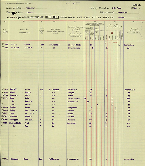 Ross Roseman listed on an outbound passenger list in 1914 (catalogue reference BT 27)