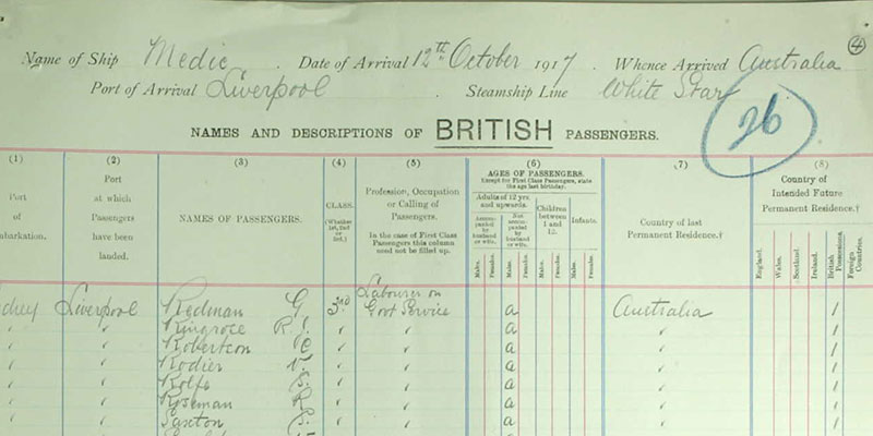 Ross Roseman listed on incoming passenger list, 12 October 1917 (catalogue reference BT 26)