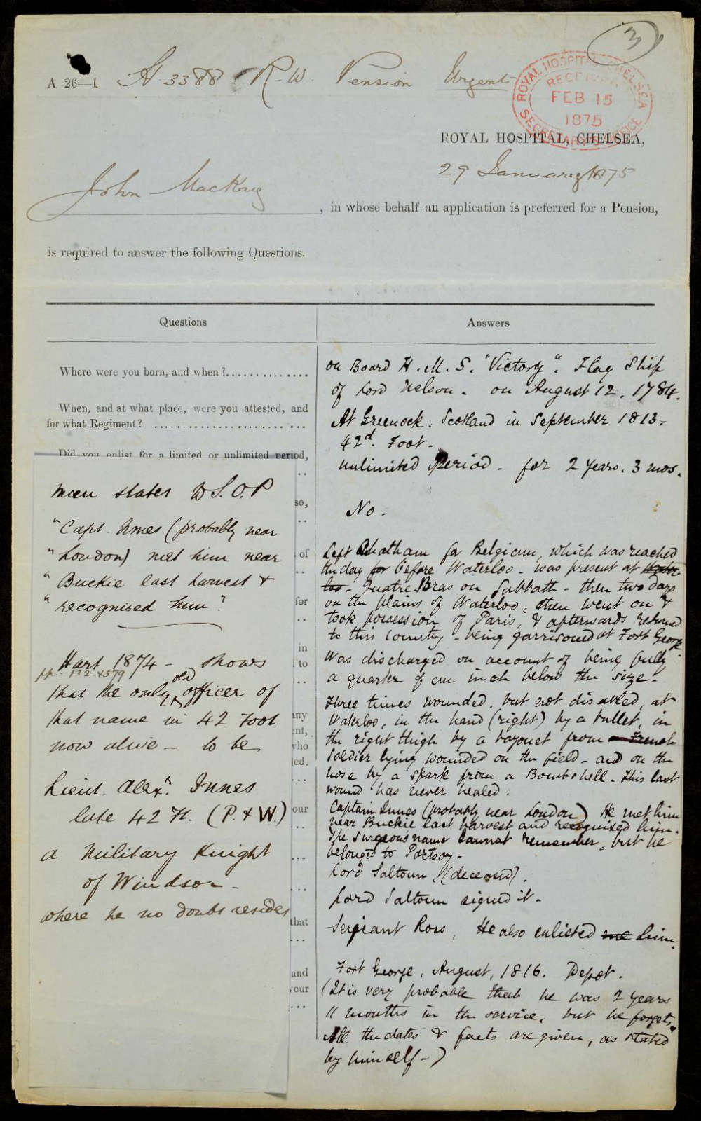 Discharge papers of Private John MacKay of the 42nd foot. He was wounded three times and was one of the last Waterloo survivors, dying aged 101 in 1886 (catalogue reference: WO 97/2036)