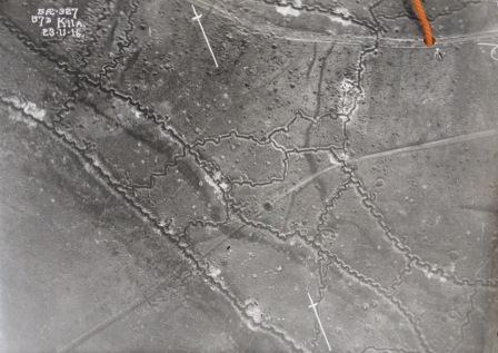 Vertical aerial photograph of German trenches east of Hebuterne taken on 23 November 1916 (catalogue reference: AIR 1/895/204/5/714)