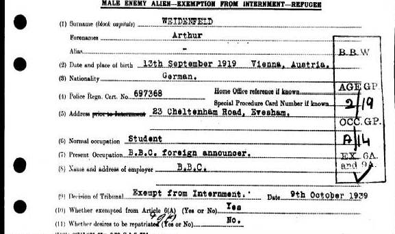 Internmental Tribunal card for publisher Arthur Wiedenfeld who was exempt from internment because he was a Jewish refugee and was doing useful work as a BBC announcer (foreign programmes)