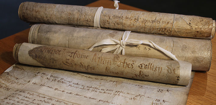 Some of the account rolls used in the transcription and translation project. The open account roll dates from 1366-1367 [SGC XV.34.4]. Copyright of the Dean and Canons of Windsor. Used by permission