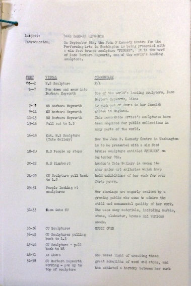 Film production documents for documentary on Hepworth (1971). Document reference: INF 6/1080, The National Archives.