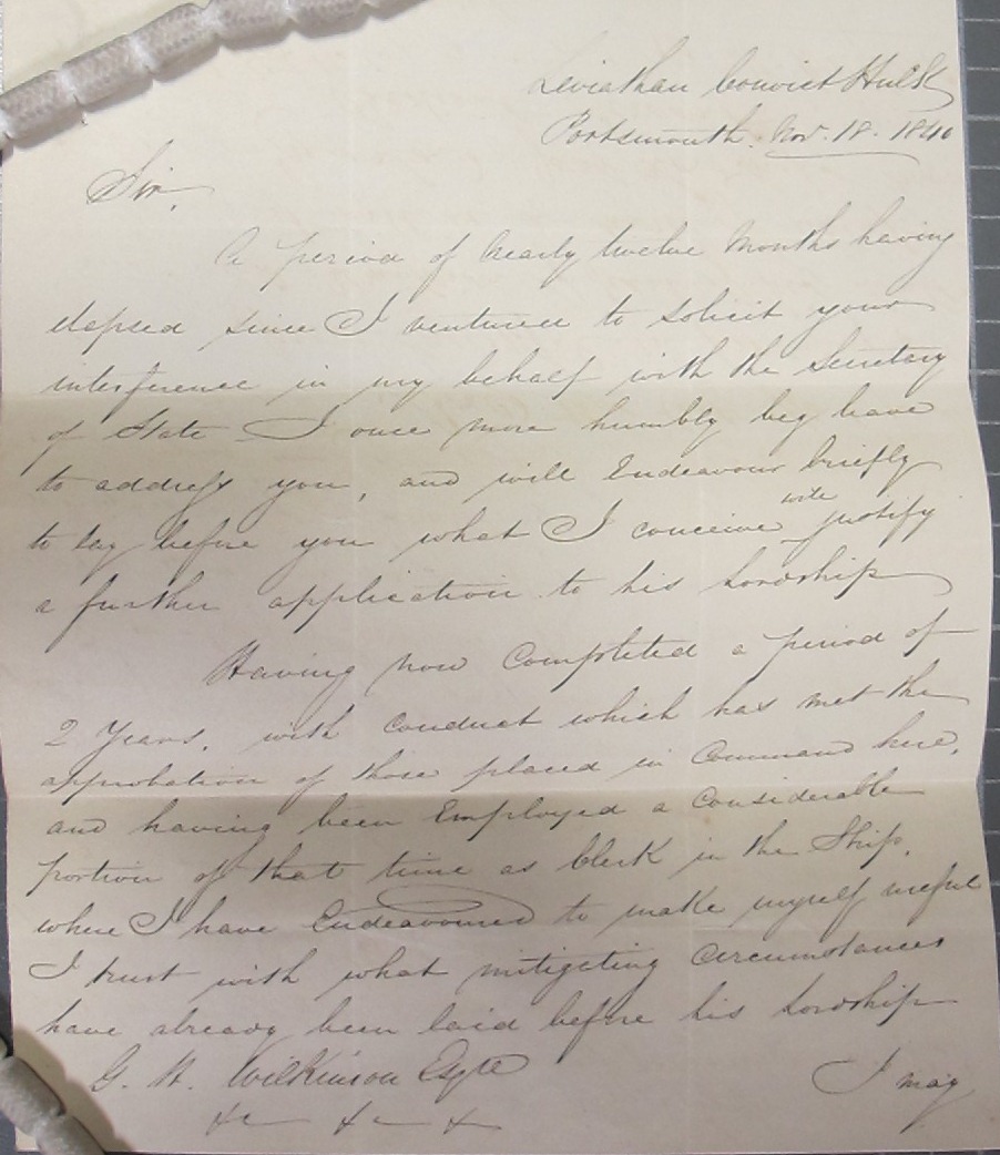 Sanglier's petition describing his work as a clerk on board the convict hulk (catalogue reference: HO 17/56/119) 