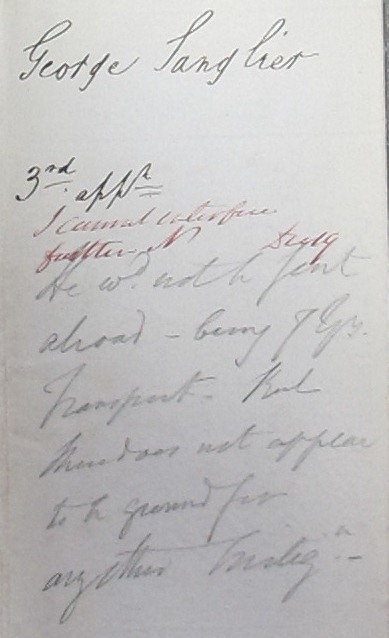 Home Office annotation on one of Sanglier's petitions (catalogue reference: HO 17/56/119)