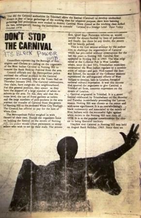 Image of community pamphlet responding to a petition by local residence to stop carnival in 1975 (catalogue reference: MEPO 2/10891)