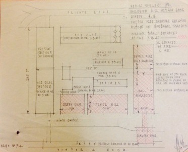 Plan of the damage to Millennium Mill showing which buildings were destroyed (catalogue reference: HO 192/358) 