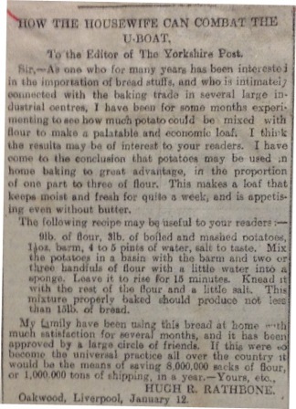 Letter from Hugh R Rathbone to the Liverpool Echo on the subject of potato bread, 12 January 1918 (catalogue reference: MAF 60/251b)
