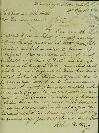 Image of a letter, dated 29 May 1843, to the Poor Law Commission asking for redress (catalogue reference: MH 12/9233/164)