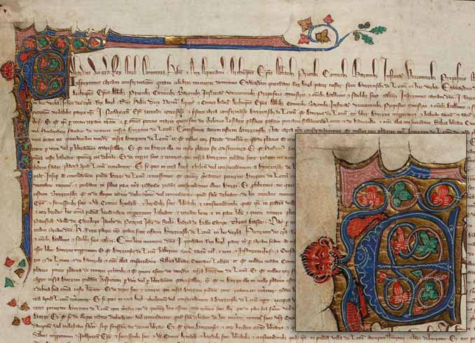 Image of King’s Lynn Charter with detail of illumination inset (Norfolk Record Office catalogue reference: KL/C 2/12)
