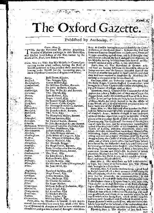 Image of the front page of the first published Oxford Gazette