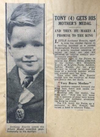 Newspaper clipping of Anthony Everitt collecting his mother's award (catalogue reference: HO 45/19839)