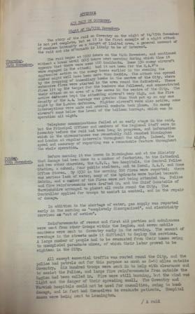 image of the first page of the weekly report of the Ministry of Home Security with details of the raid on Coventry