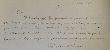 Bertrand Russell's request for books and furniture in Brixton Prison (catalogue reference: HO 45/11012/314670)