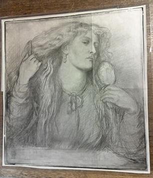 Photograph of a crayon drawing by Dante Gabriel Rossetti attached to an entry form in COPY 1.