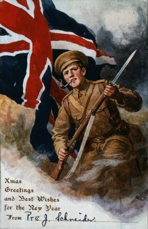 Image of Christmas card featuring a First World War soldier in front of a union jack flag