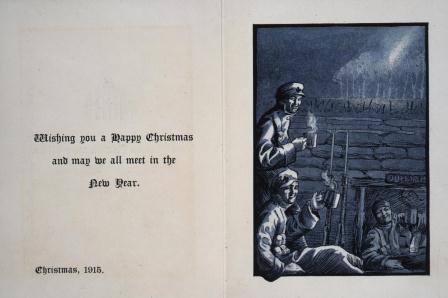 Image of Christmas card featuring illustration of smiling soldiers at the front