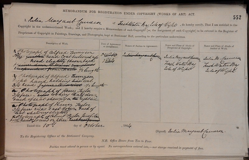 Entry form for Henry Taylor photographs dated 1864 in COPY 1.