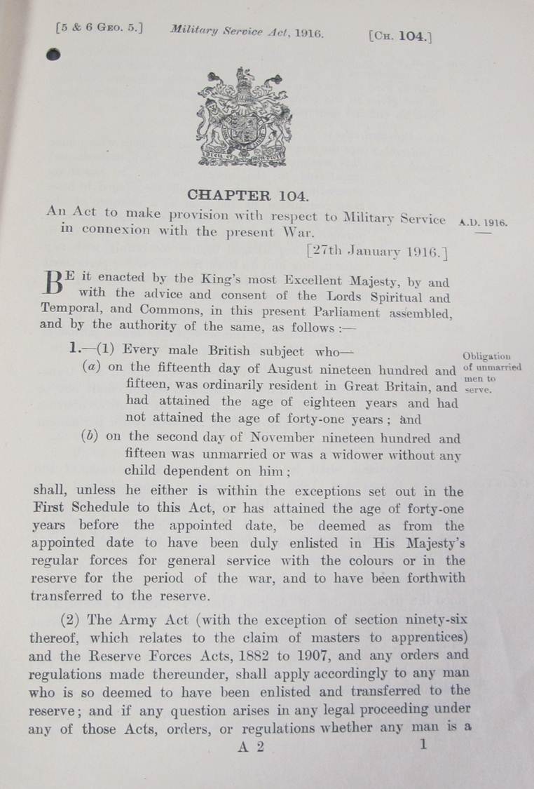 Copy of Military Service Act 1916 detailing those under the qualifying conditions were now part of the army reserve