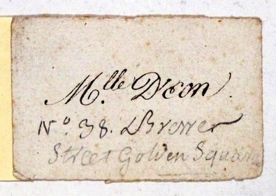 An image of the calling card of Chevalier D'Eon from their time living at 38 Brewer Street in London