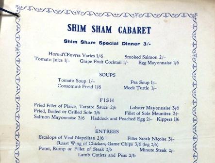 An image of a menu fom the Shim Sham Club, Wardour Street, Soho, from 1935.