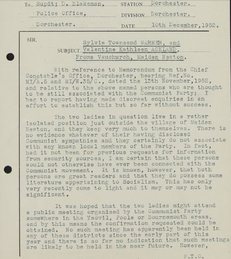Extract from the Security Services file on Sylvia Townsend-Warner covering 1937 - 1955. Catalogue reference: KV 2/2338 