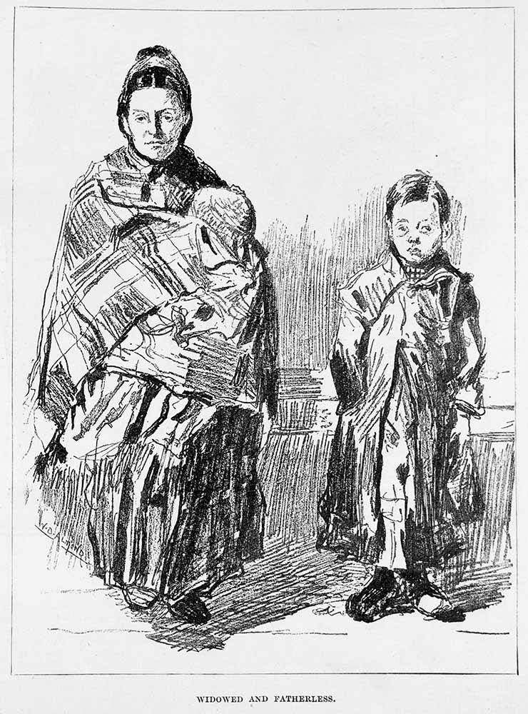 An illustration of a widowed woman holding a baby, with a child beside her
