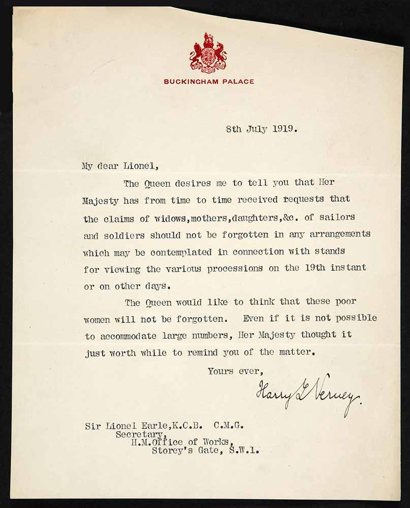 Image of a typed letter on behalf of the queen