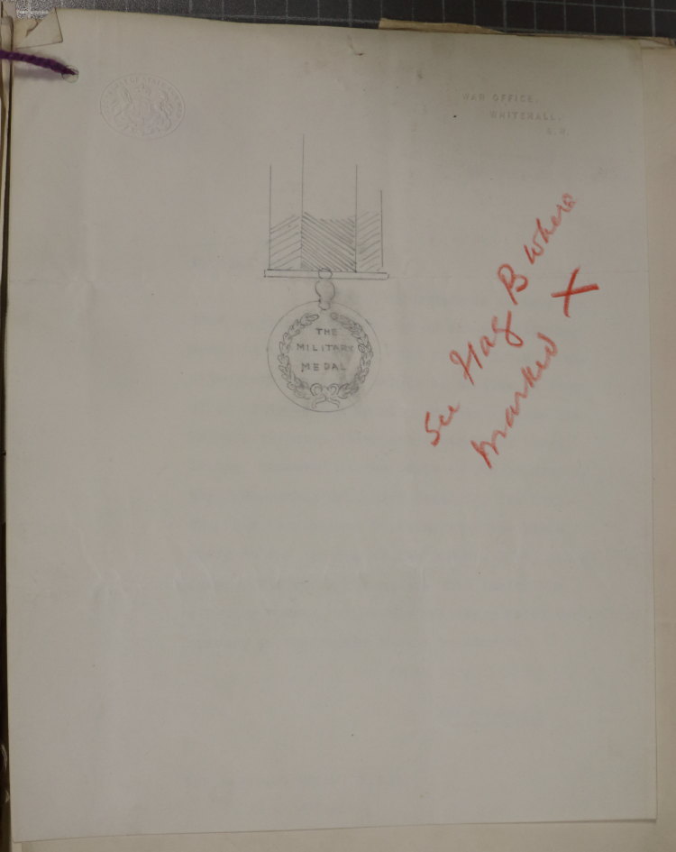 Pencil sketch of medal with suspension bar and ribbon, the writing on the medal is enclosed in a laurel wreath and reads "THE MILITARY MEDAL"