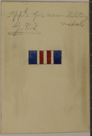 Writing at the top of a small piece of card show the King's approval, below is a small coloured rectangle to show the design. Working from teh centre out, there is a narrow white stripe, then a red stripe either side, then another white stripe and finally a broad blue stripe at either edge of the ribbon.