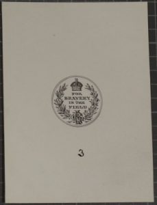 Pen and ink design drawing for medal, it bears a laurel wreath and crown surrounding the words "FOR BRAVERY IN THE FIELD". At the base of the laurel wreath is the Royal Cypher (GRI)