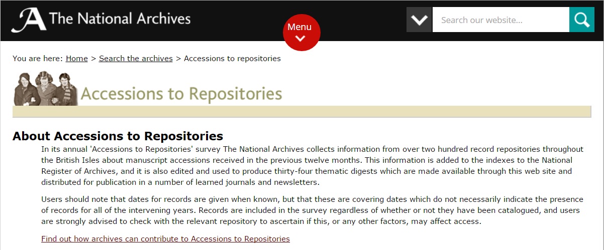 Image showing the home page of the Accessions to Repositories Survey which can be found on The National Archives website