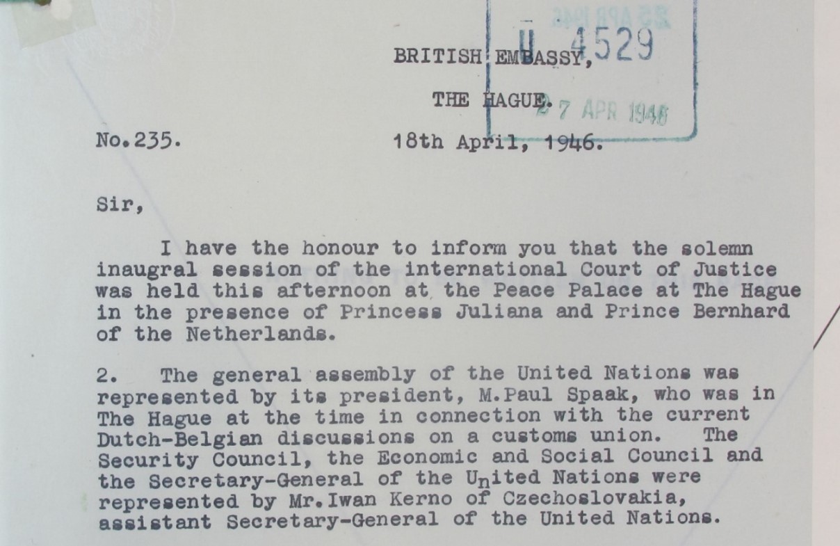 Image of typed letter, from John Lambert to Ernest Bevan about the inaugral session of the International Court of Justice
