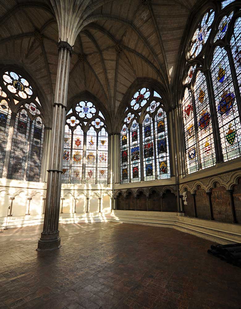 Image of stained glass windows in the Chapter House of Westminster Abbey 