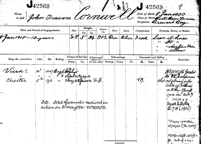 Seamen's Services record for Jack Cornwall, who recieved a posthumous Victoria Cross for his gallantry at Jutland (Cat ref: ADM 188-732-42563)