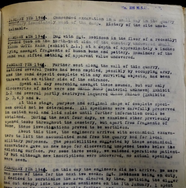 Image of the first page of Sgt Webster’s excavation diary 