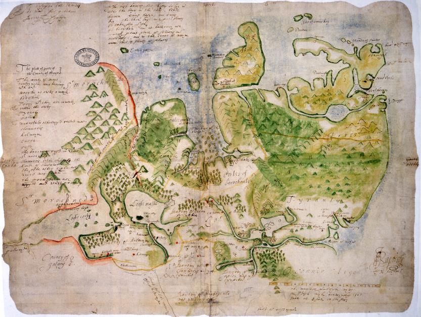 Image of Map of County Mayo, 1585. The territory of the O'Malleys ('Umhalls Ui Mhaille') is marked on the left-hand edge of the bay: 'owles omaile' 
