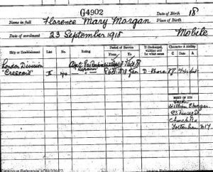 Service record of Florence Mary Morgan. Rating: Anti Gas Respirator.